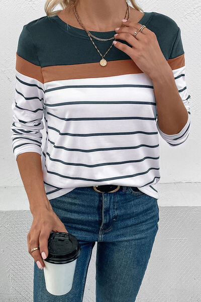 Striped Round Neck Long Sleeve T-Shirt - AllIn Computer