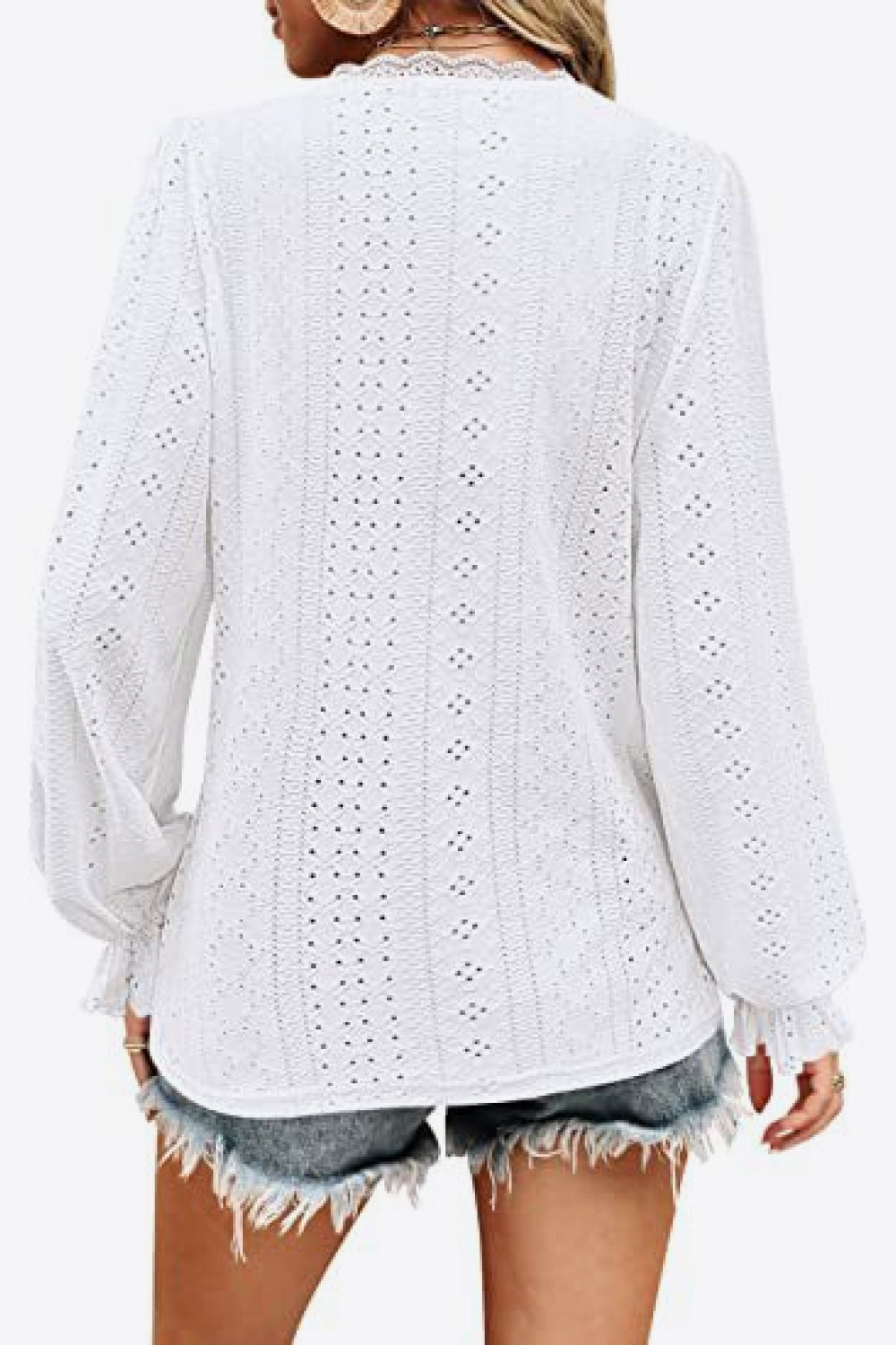 Eyelet V-Neck Flounce Sleeve Blouse - AllIn Computer