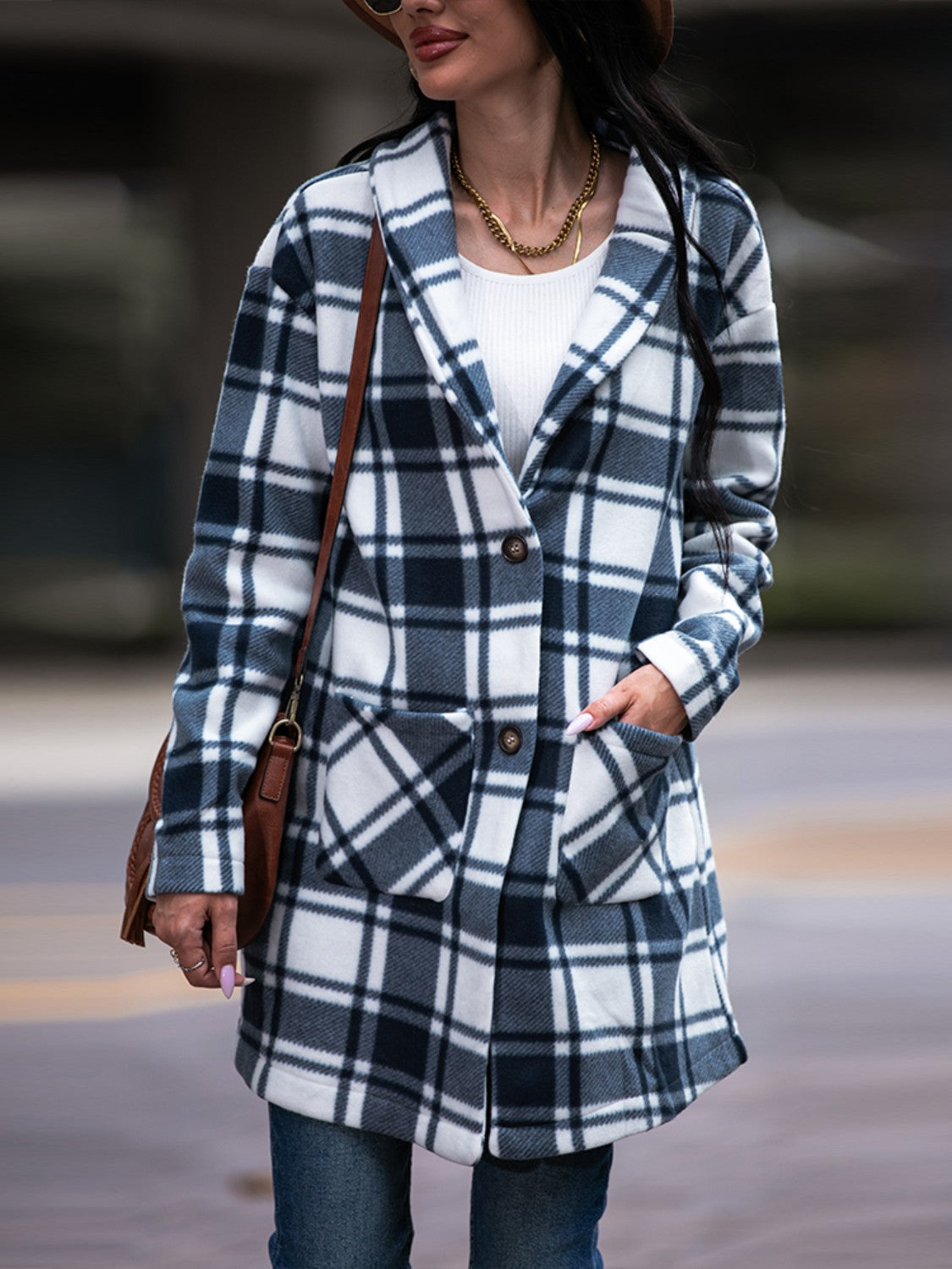 Plaid Shawl Collar Coat with Pockets - AllIn Computer