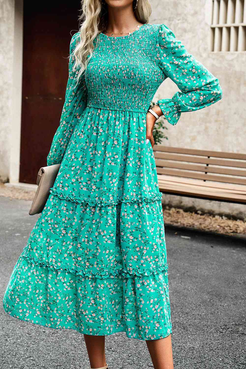 Smocked Flounce Sleeve Midi Dress - AllIn Computer