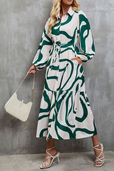 Tie-Waist Printed Button Up Dress - AllIn Computer