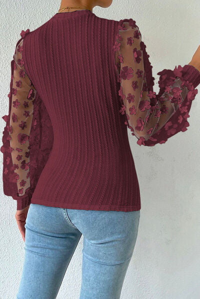 Double Take Textured Applique Long Sleeve Blouse - AllIn Computer
