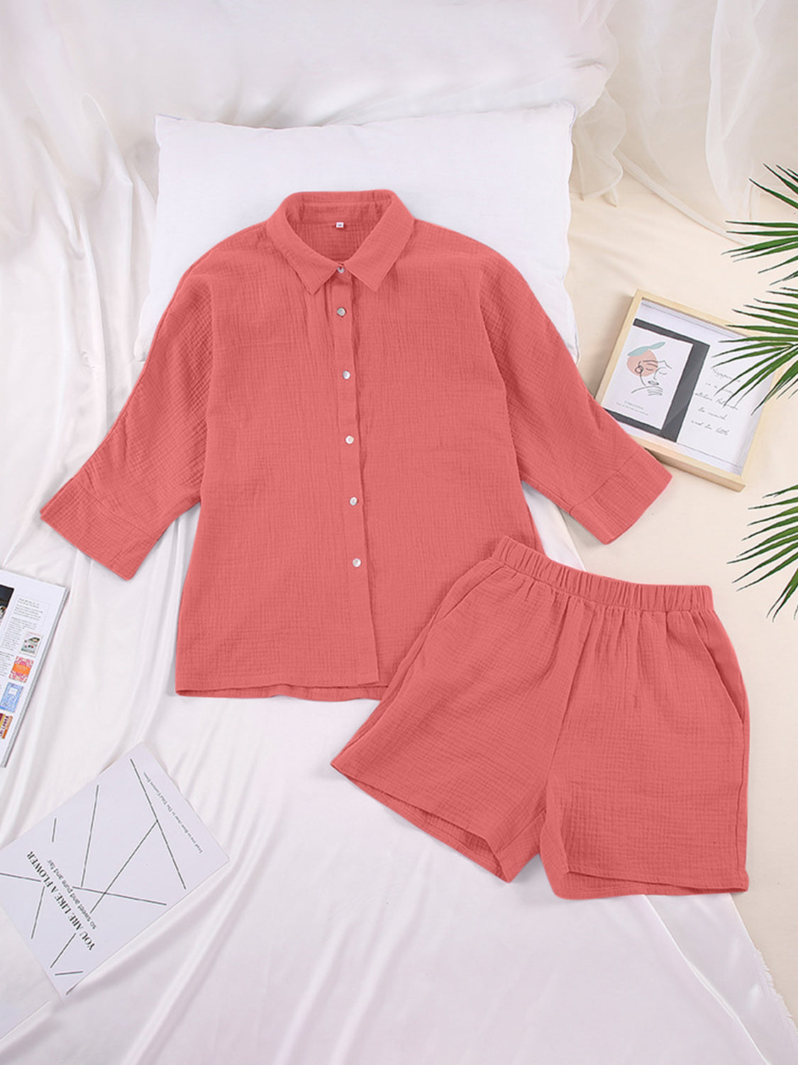 Texture Button Up Shirt and Shorts Set - AllIn Computer