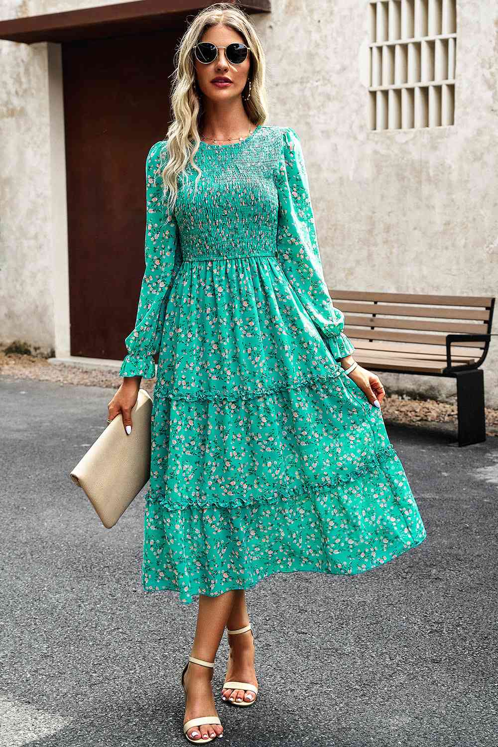 Smocked Flounce Sleeve Midi Dress - AllIn Computer