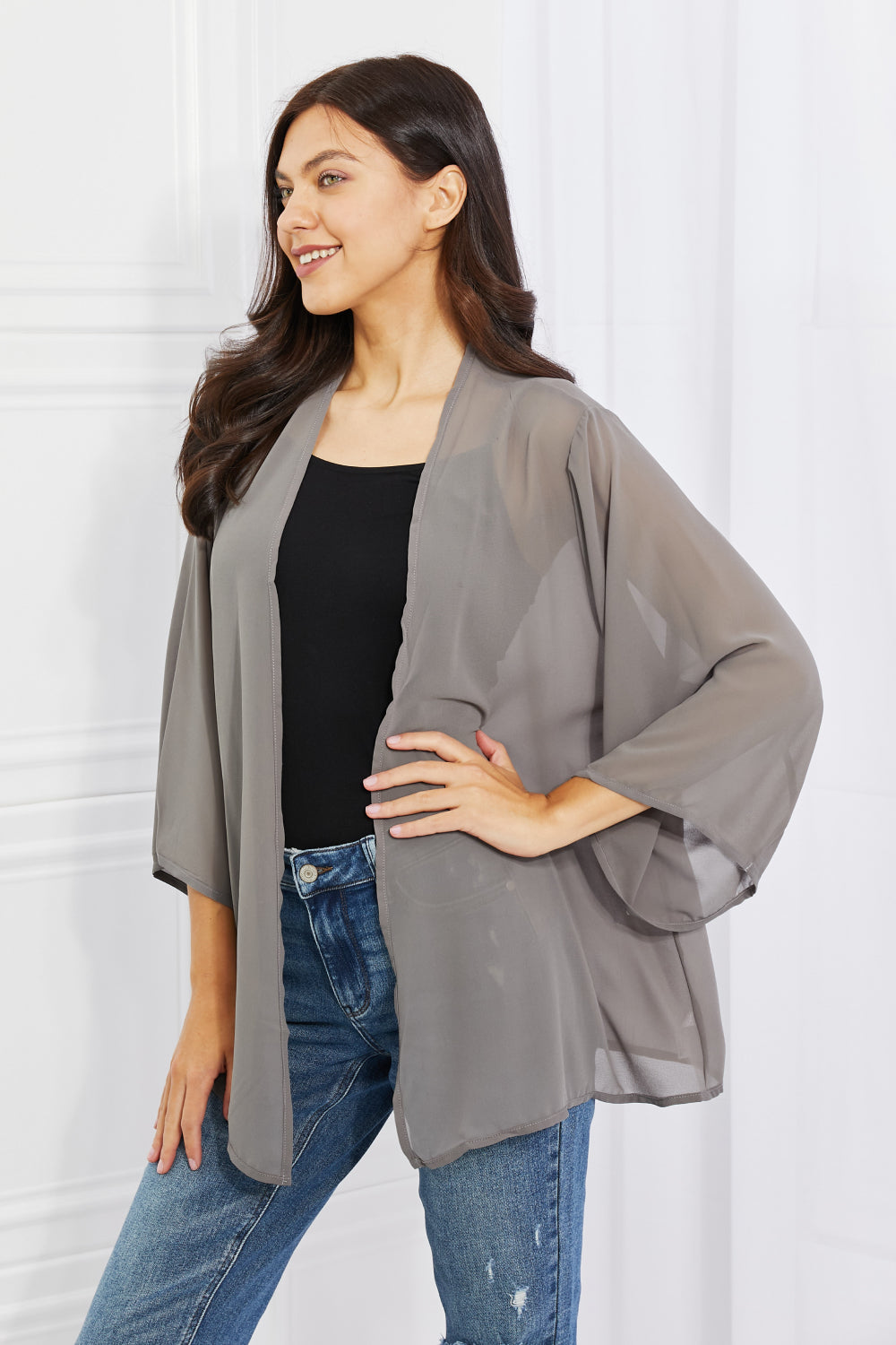 Melody Just Breathe Full Size Chiffon Kimono in Grey - AllIn Computer