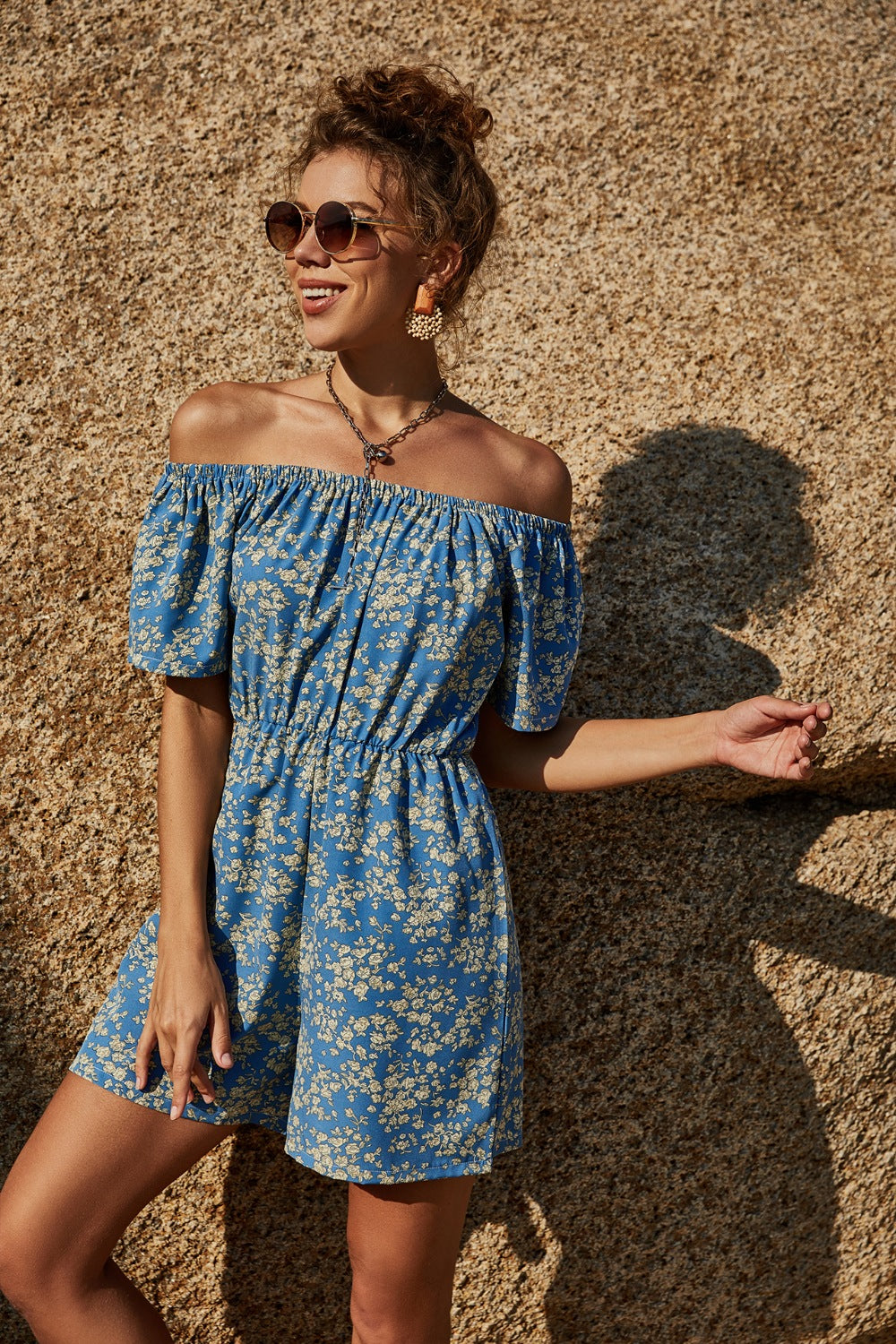 Printed Off-Shoulder Short Sleeve Romper - AllIn Computer