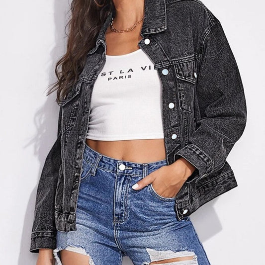 Collared Neck Dropped Shoulder Button-Down Denim Jacket - AllIn Computer