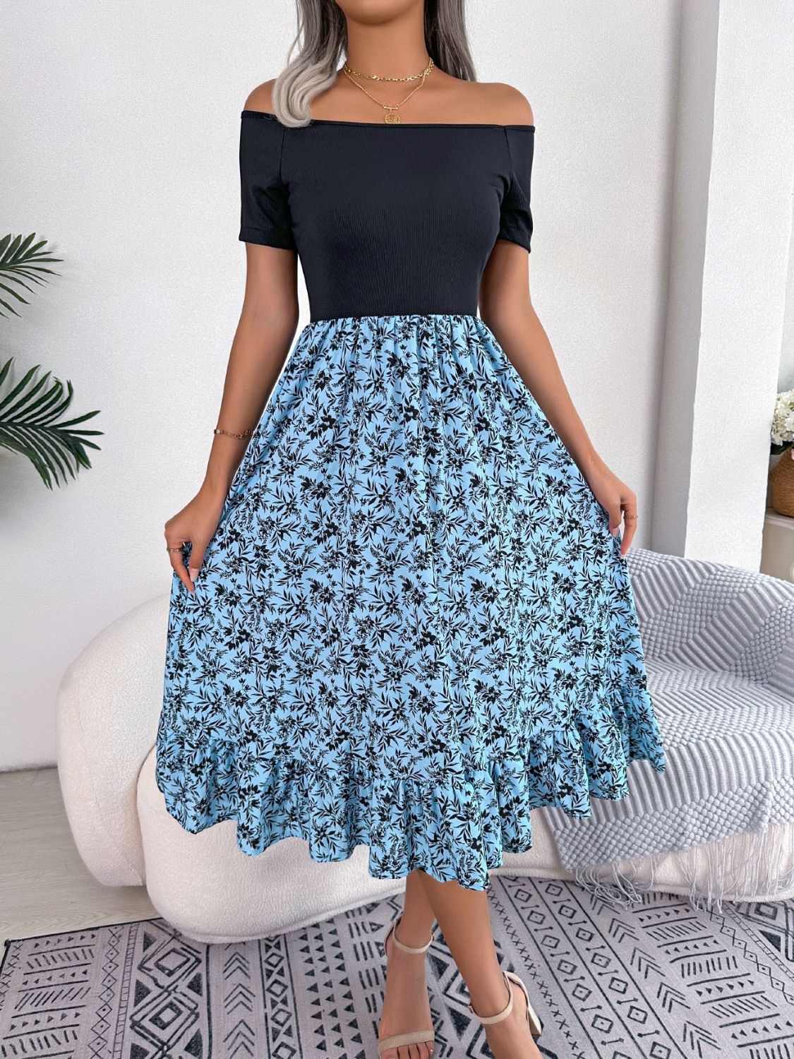 Printed Off-Shoulder Ruffle Hem Dress - AllIn Computer