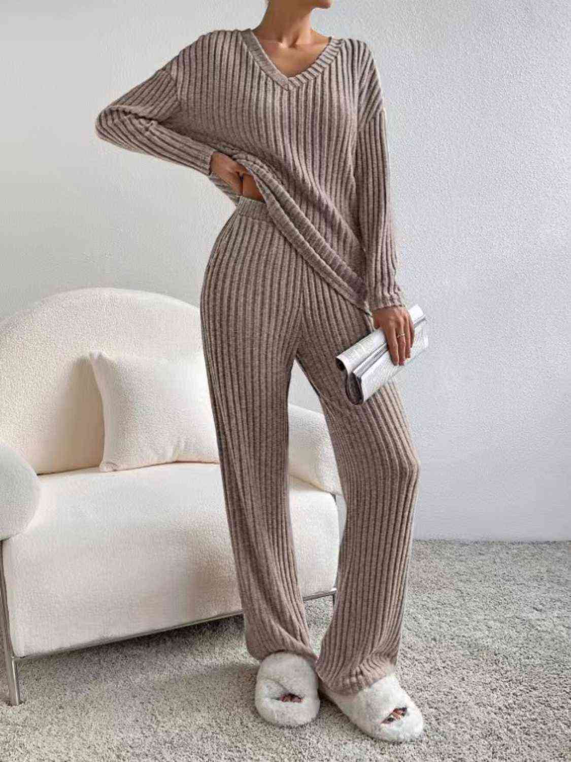 Ribbed V-Neck Long Sleeve Top and Pants Set - AllIn Computer