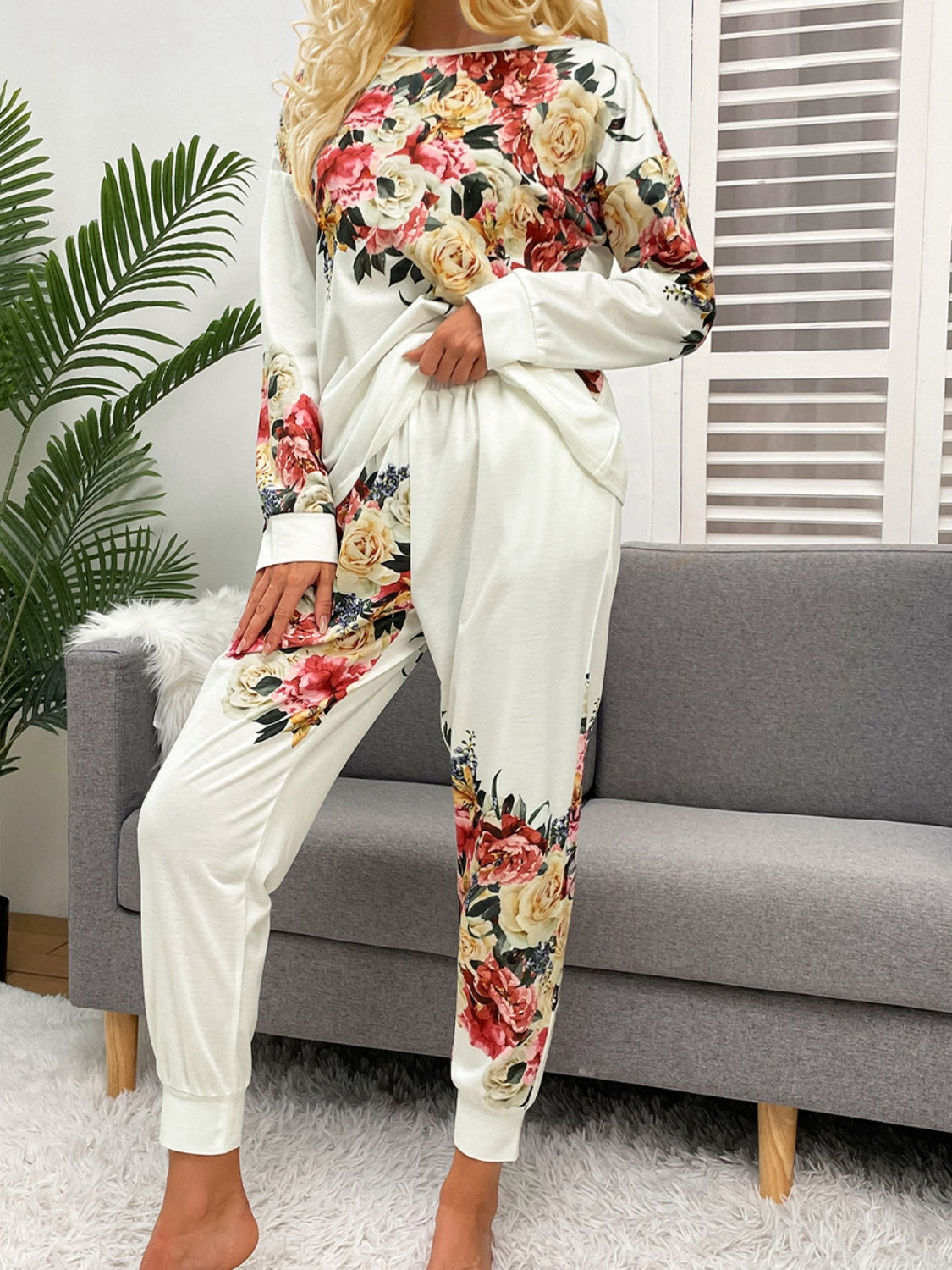 Printed Round Neck Top and Pants Lounge Set - AllIn Computer
