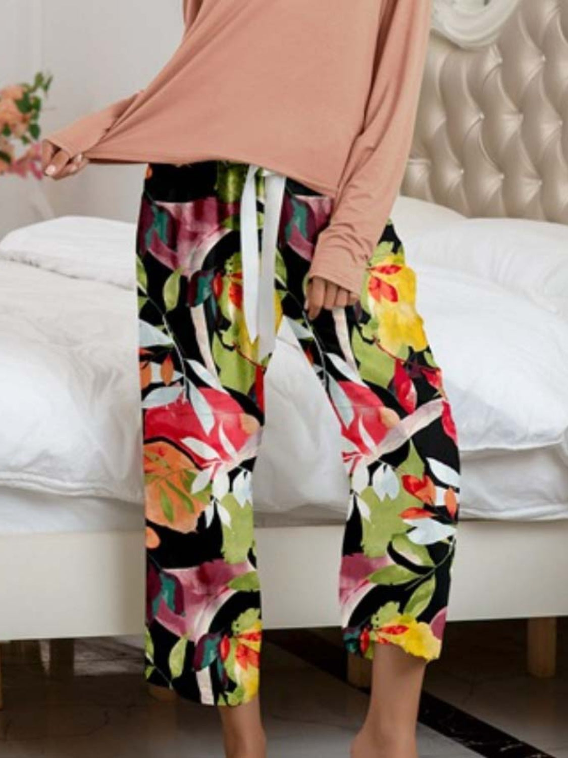 Round Neck Top and Printed Pants Lounge Set - AllIn Computer