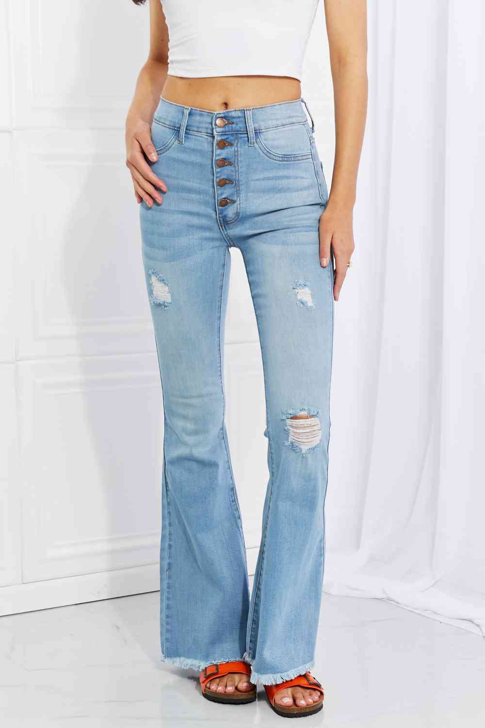 Vibrant MIU Full Size Jess Button Flare Jeans - AllIn Computer