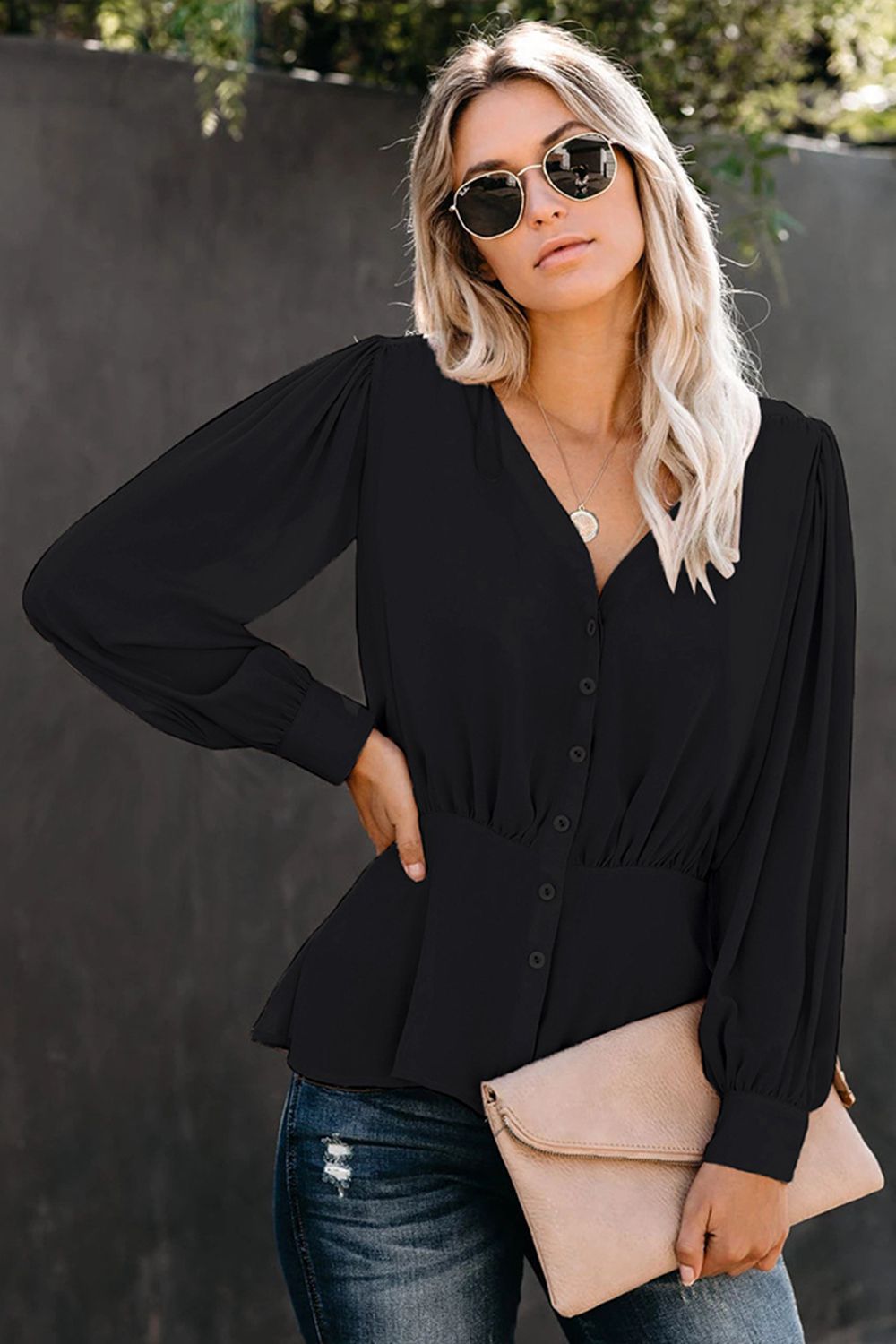 Buttoned Puff Sleeve Blouse - AllIn Computer