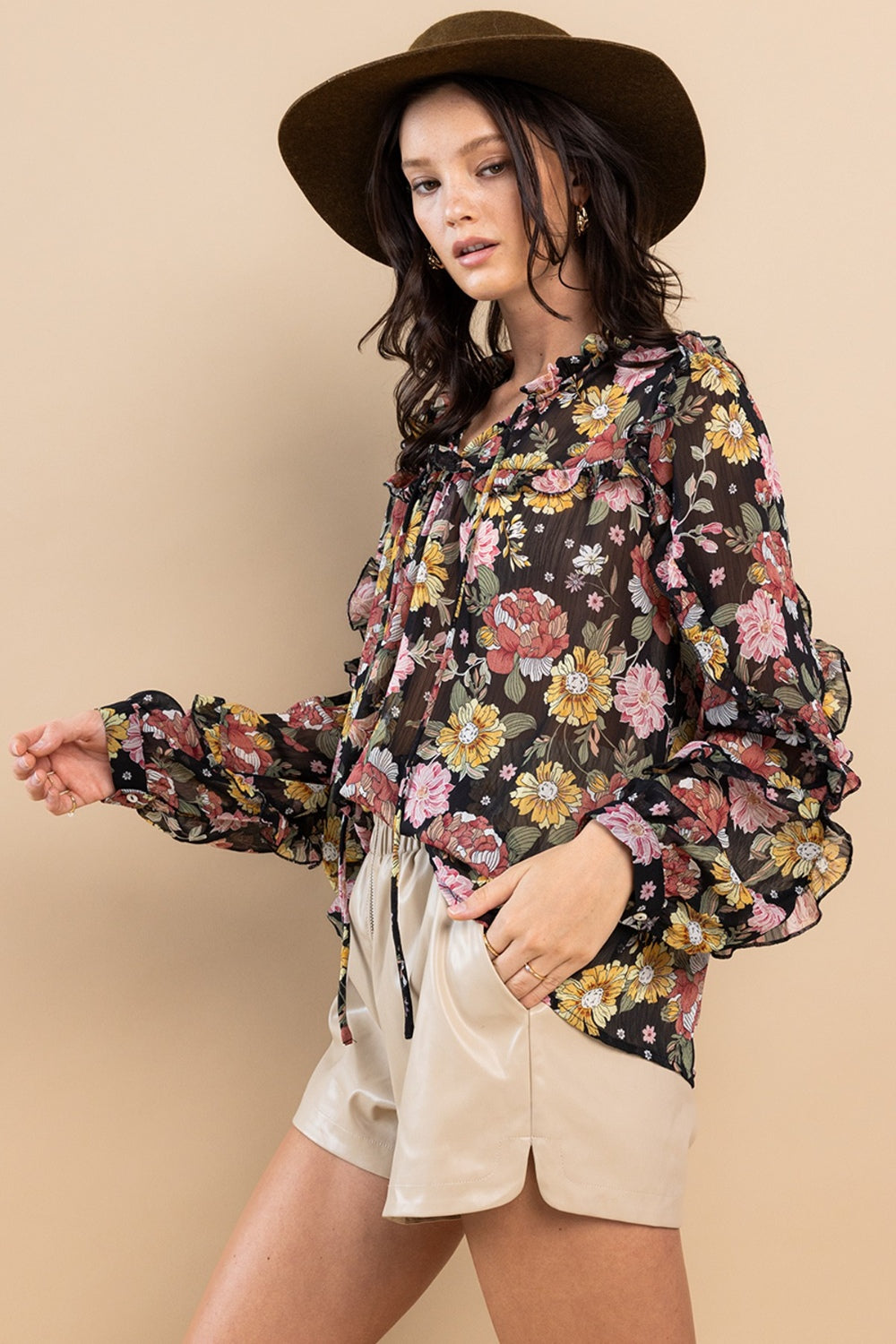 Ces Femme Ruffle Trim Long Sleeve Floral Blouse - AllIn Computer