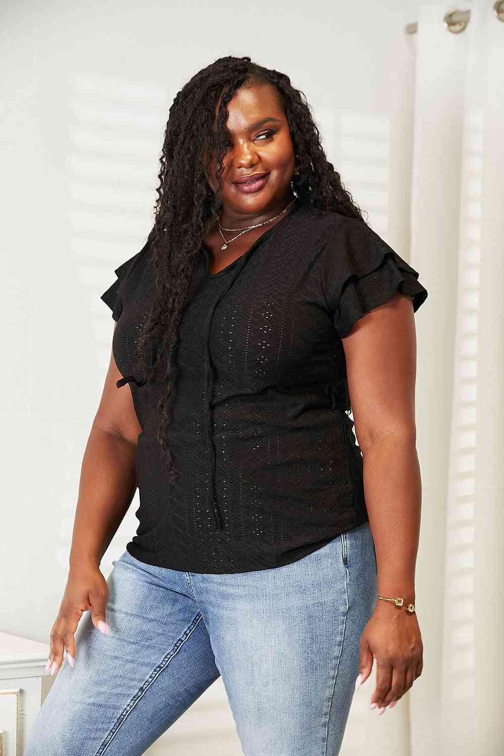Double Take Eyelet Tie-Neck Flutter Sleeve Blouse - AllIn Computer