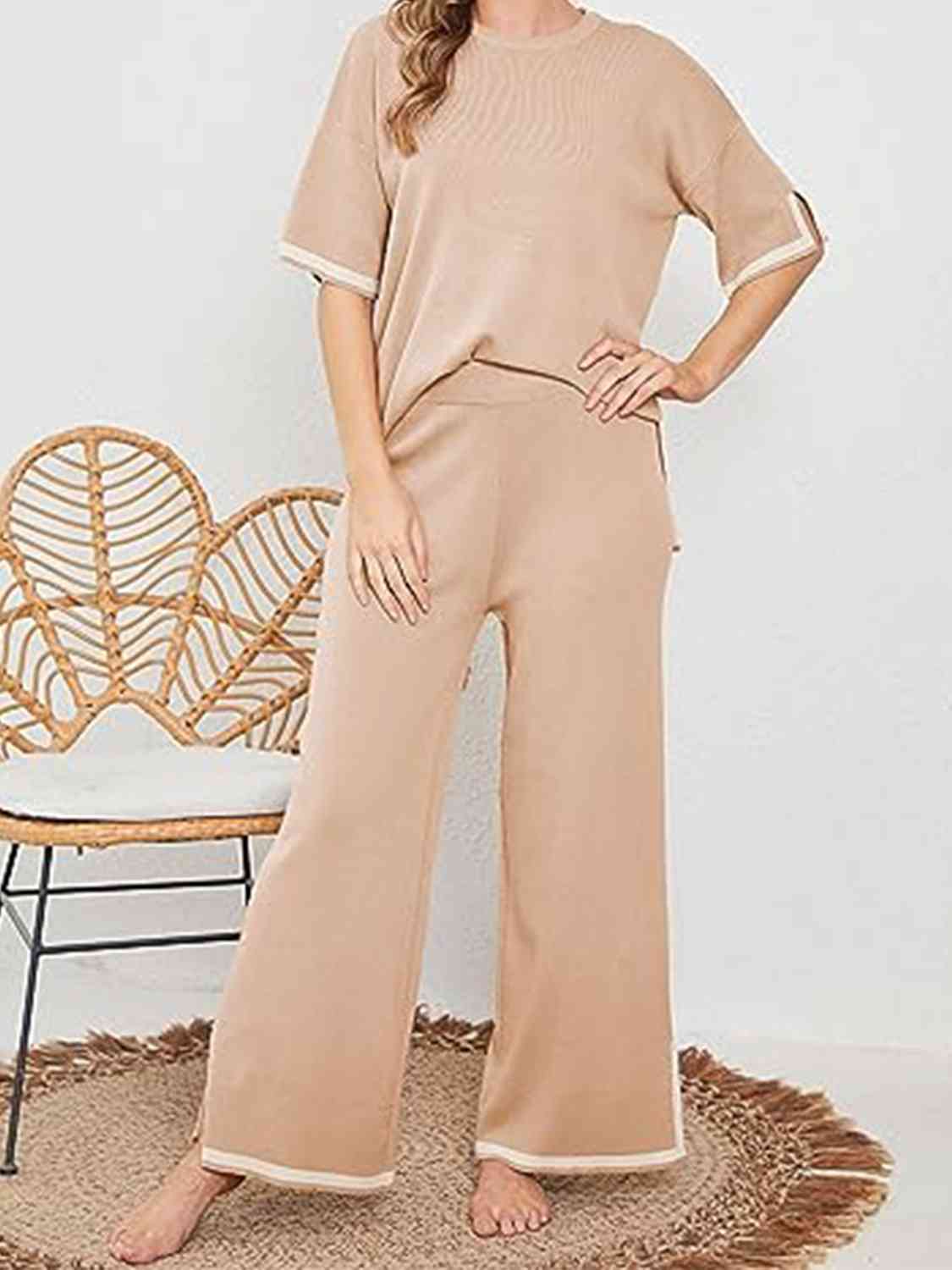Contrast High-Low Sweater and Knit Pants Set - AllIn Computer