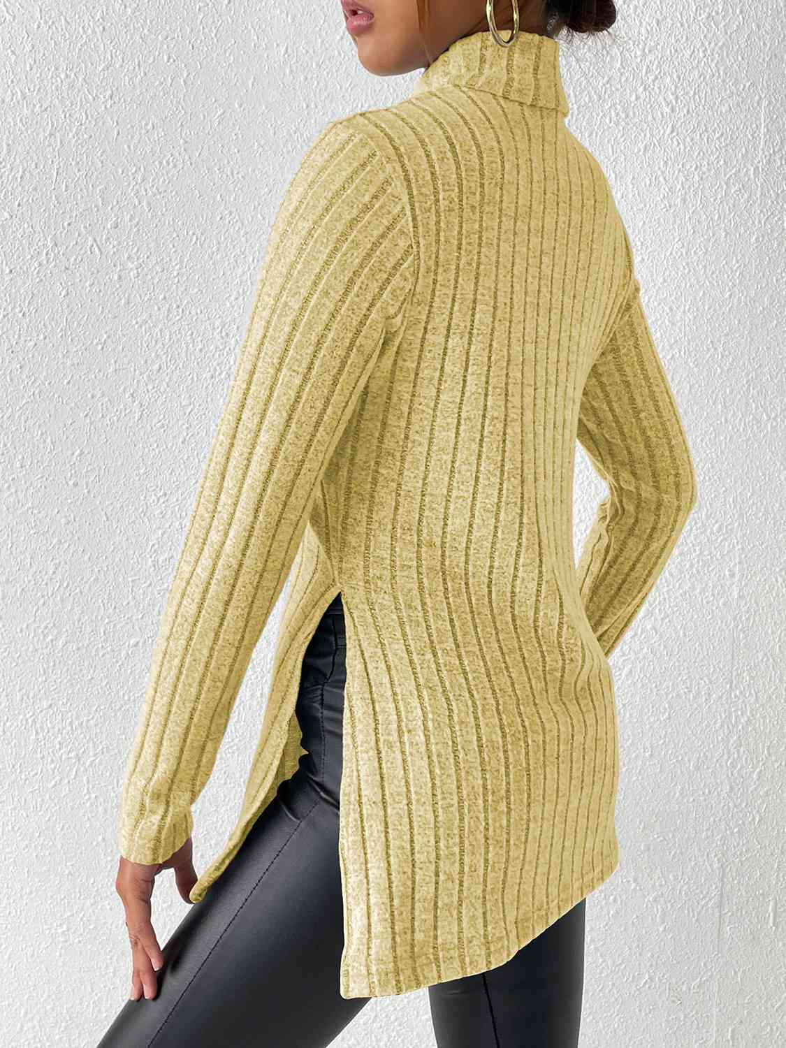 Ribbed Turtleneck Long Sleeve Slit T-Shirt - AllIn Computer