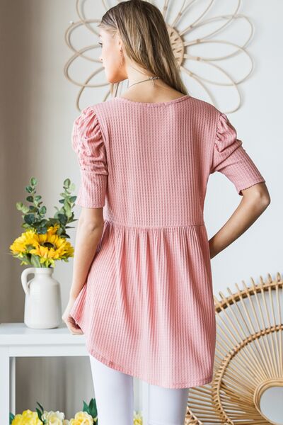 Heimish Full Size Waffle Knit V-Neck Babydoll Top - AllIn Computer
