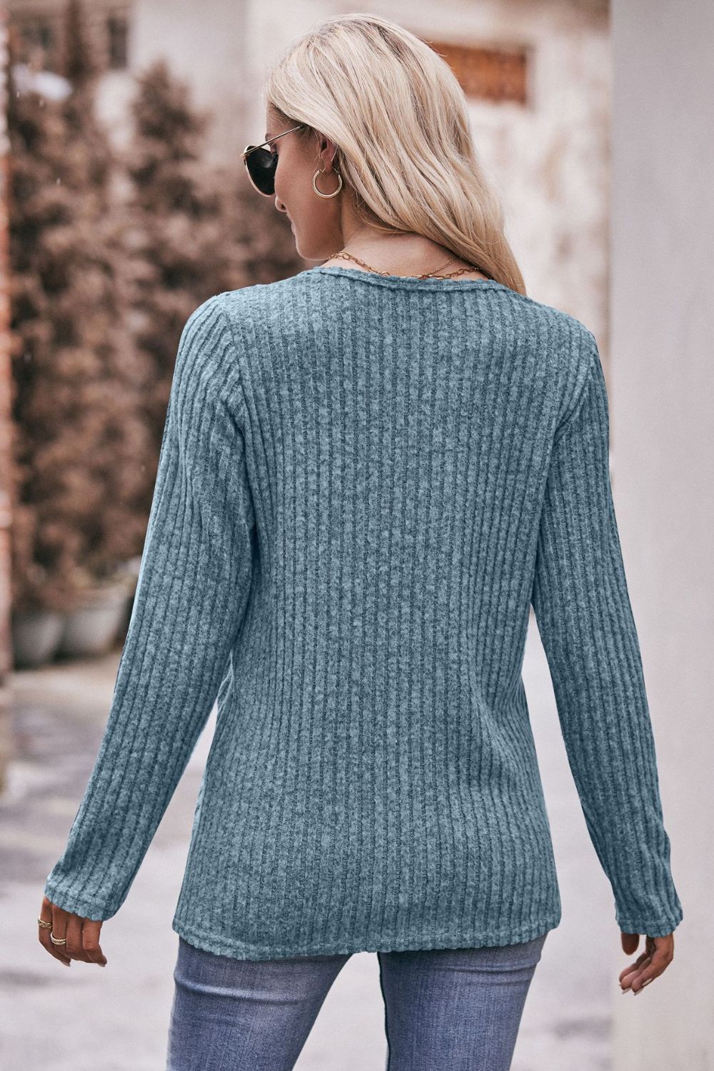 Double Take Ribbed Round Neck Buttoned Tee - AllIn Computer