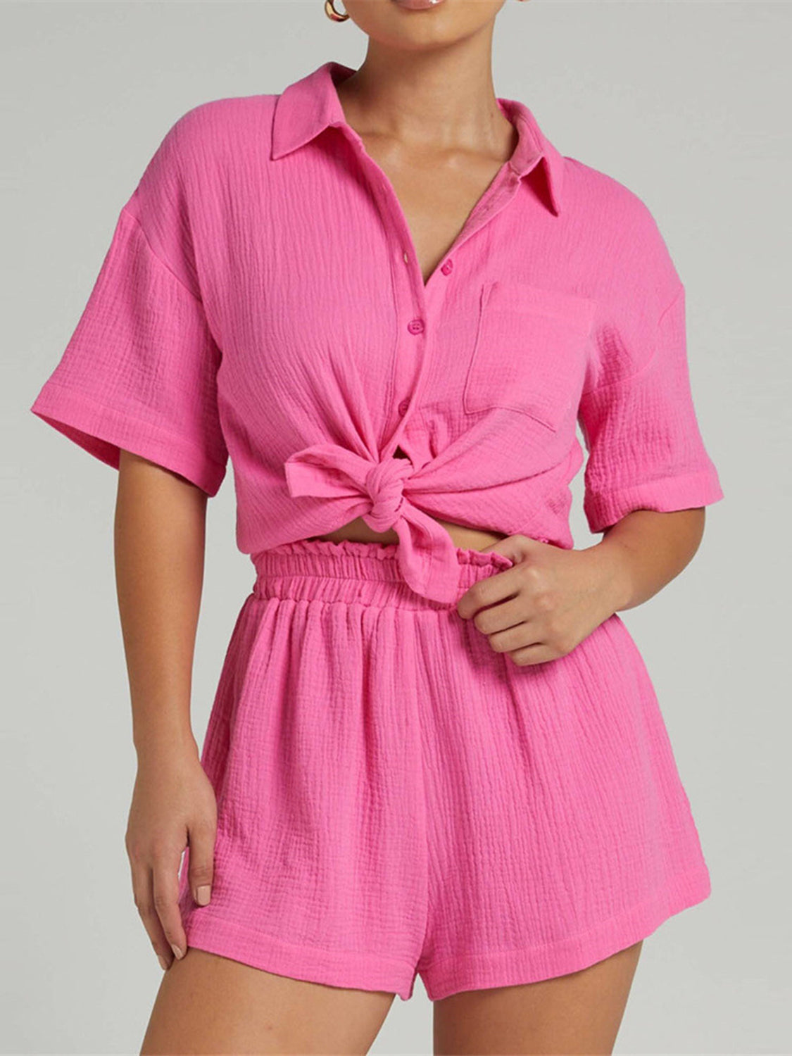 Texture Button Up Shirt and Shorts Set - AllIn Computer