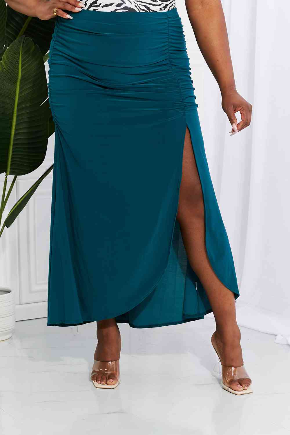 White Birch Full Size Up and Up Ruched Slit Maxi Skirt in Teal - AllIn Computer