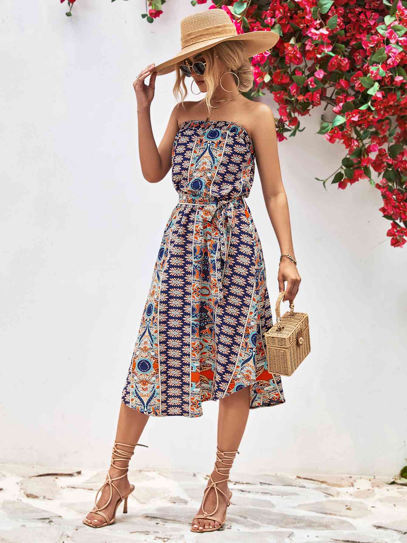 Printed Strapless Tie Belt Dress - AllIn Computer