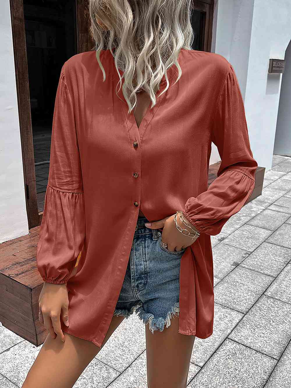 Double Take Notched Neck Balloon Sleeve Shirt - AllIn Computer
