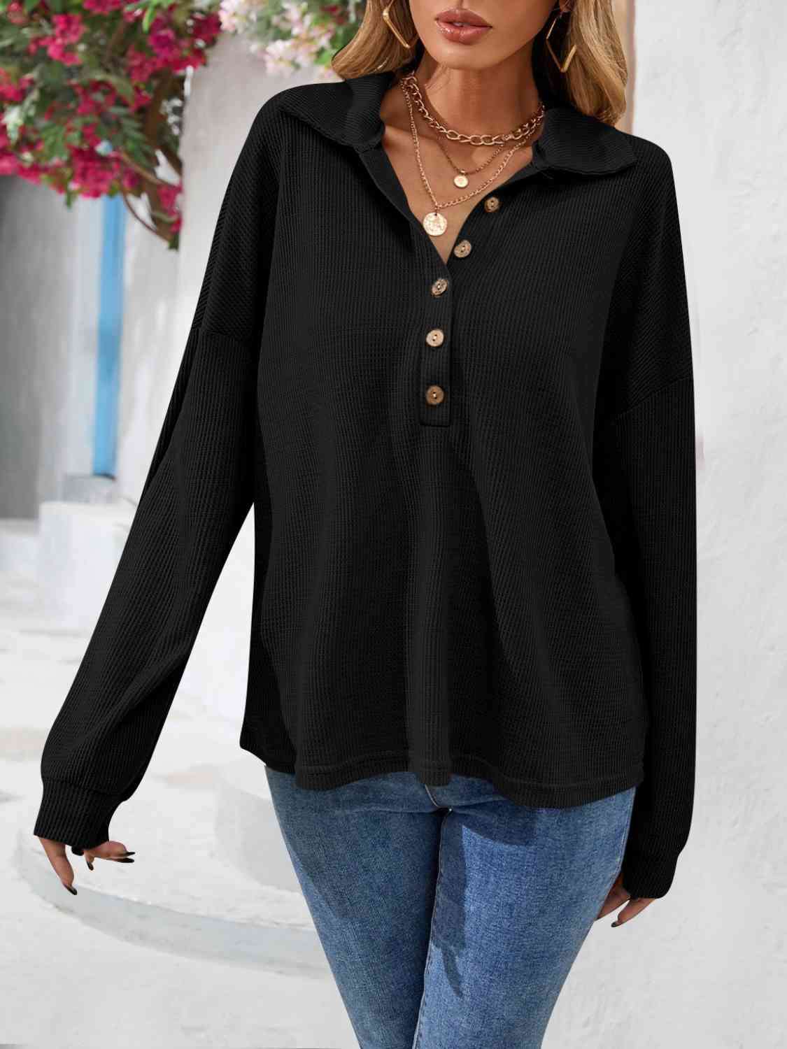 Half Button Collared Neck Long Sleeve Top - AllIn Computer