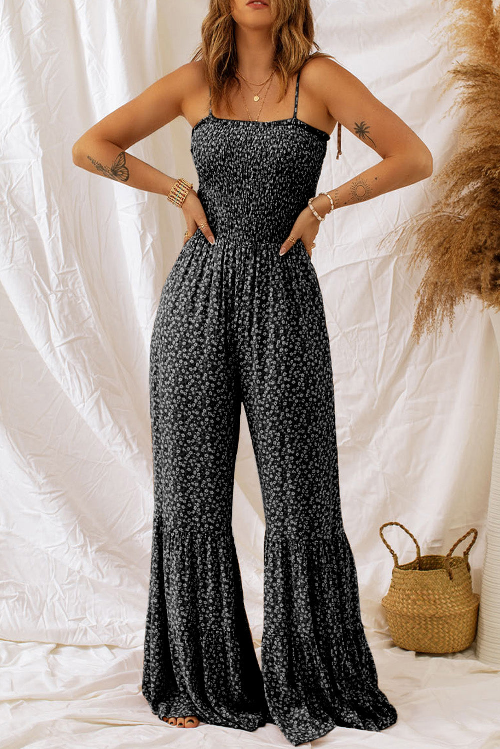 Floral Spaghetti Strap Wide Leg Jumpsuit - AllIn Computer