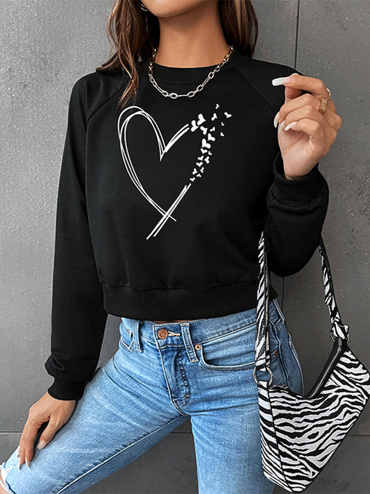 Round Neck Raglan Sleeve Heart Graphic Sweatshirt - AllIn Computer