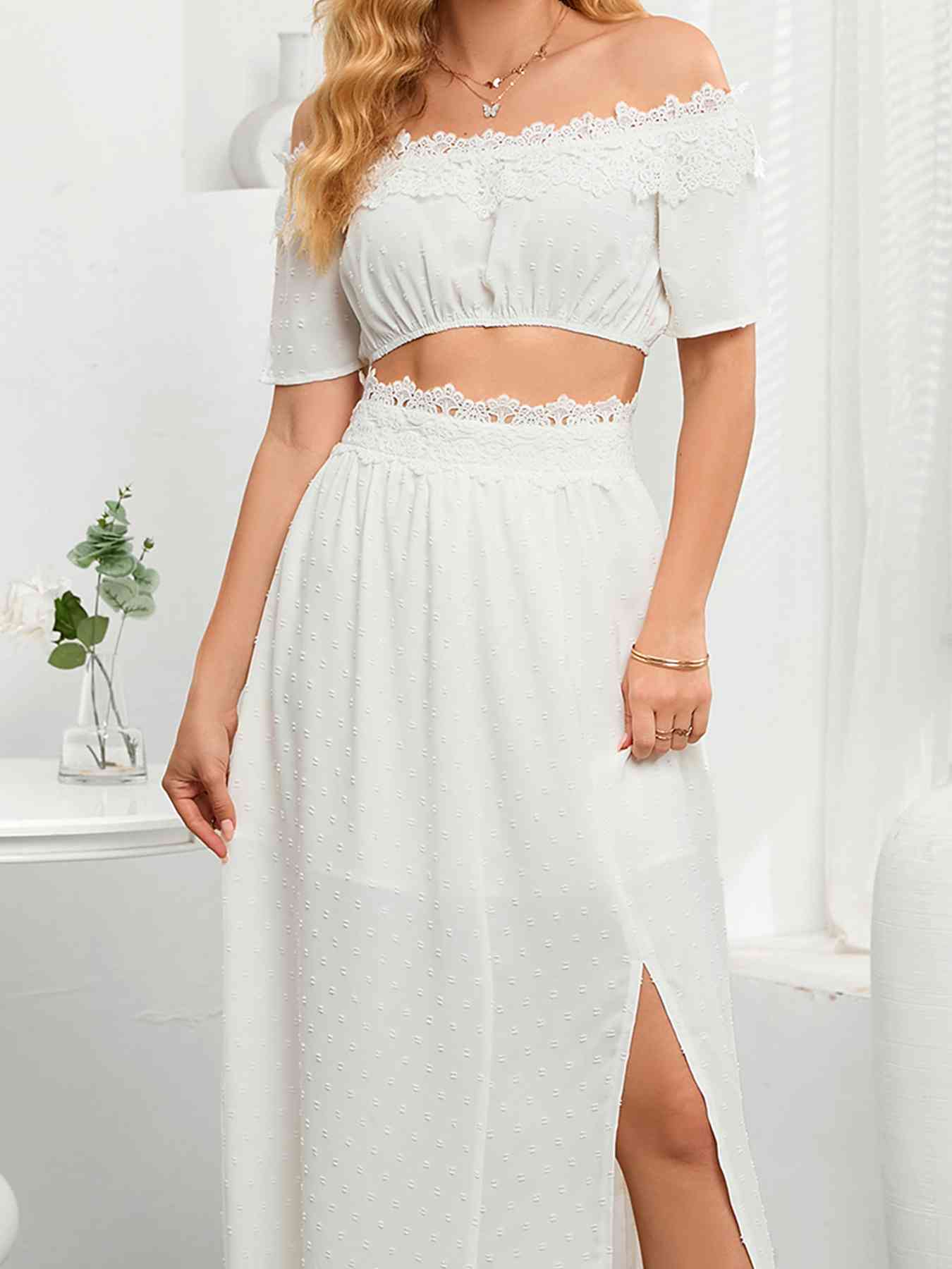 Swiss Dot Lace Trim Cropped Top and Slit Skirt Set | CLOTHING,SHOES & ACCESSORIES | CATHSNNA, outfit sets, Ship From Overseas | Trendsi