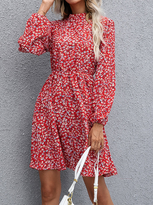 Floral Mock Neck Long Sleeve Dress - AllIn Computer