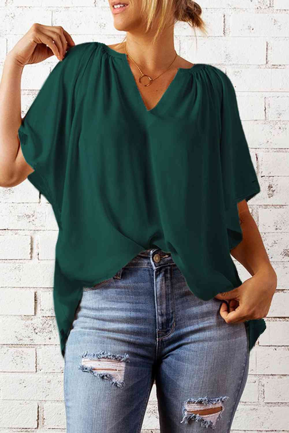 Gathered Detail Notched Neck Flutter Sleeve Top - AllIn Computer