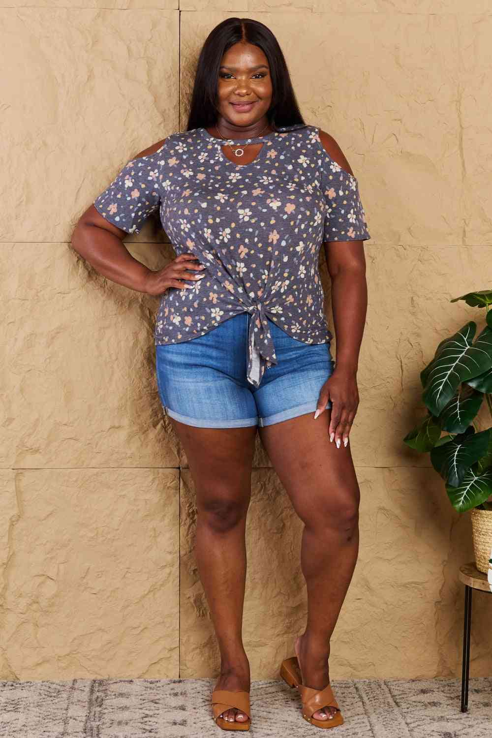 Heimish On My Own Full Size Cold Shoulder Keyhole Floral Print Top - AllIn Computer