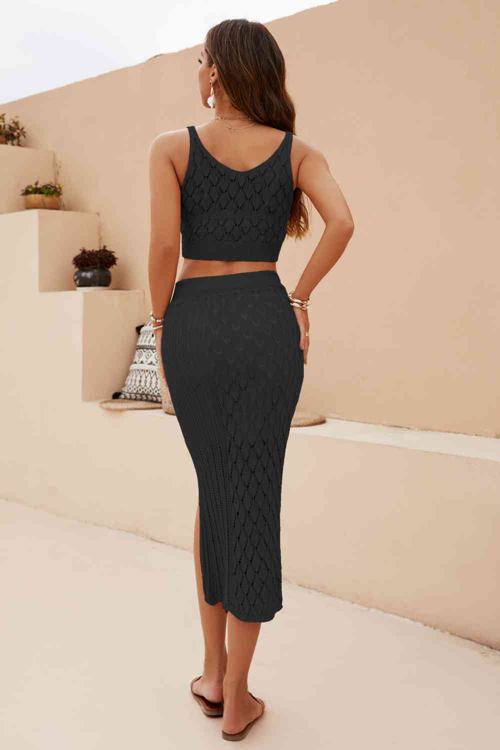 Openwork Cropped Tank and Split Skirt Set - AllIn Computer