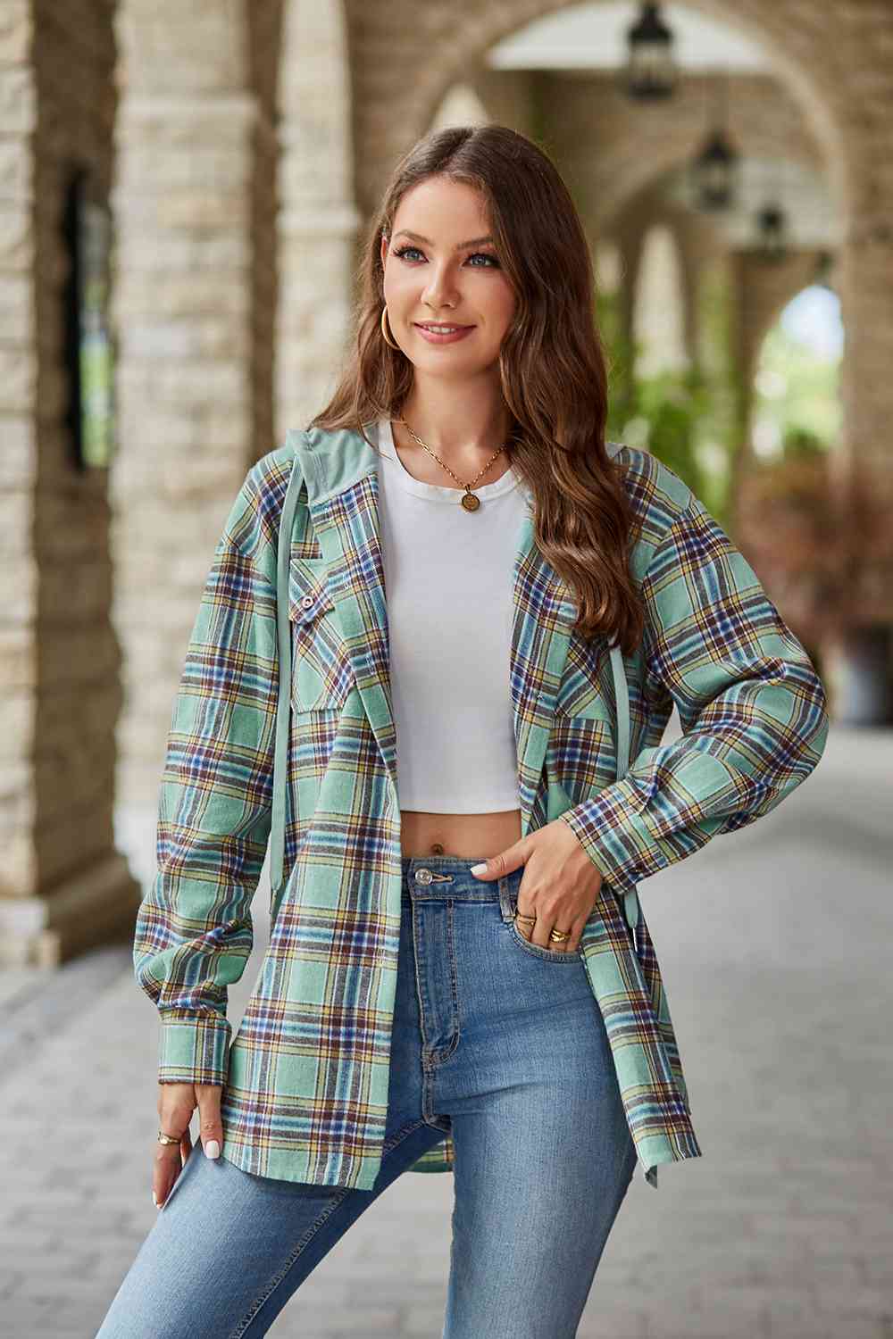 Plaid Long Sleeve Hooded Jacket - AllIn Computer