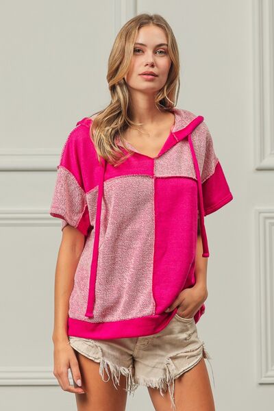 BiBi Color Block Exposed Seam Short Sleeve Hooded Top - AllIn Computer