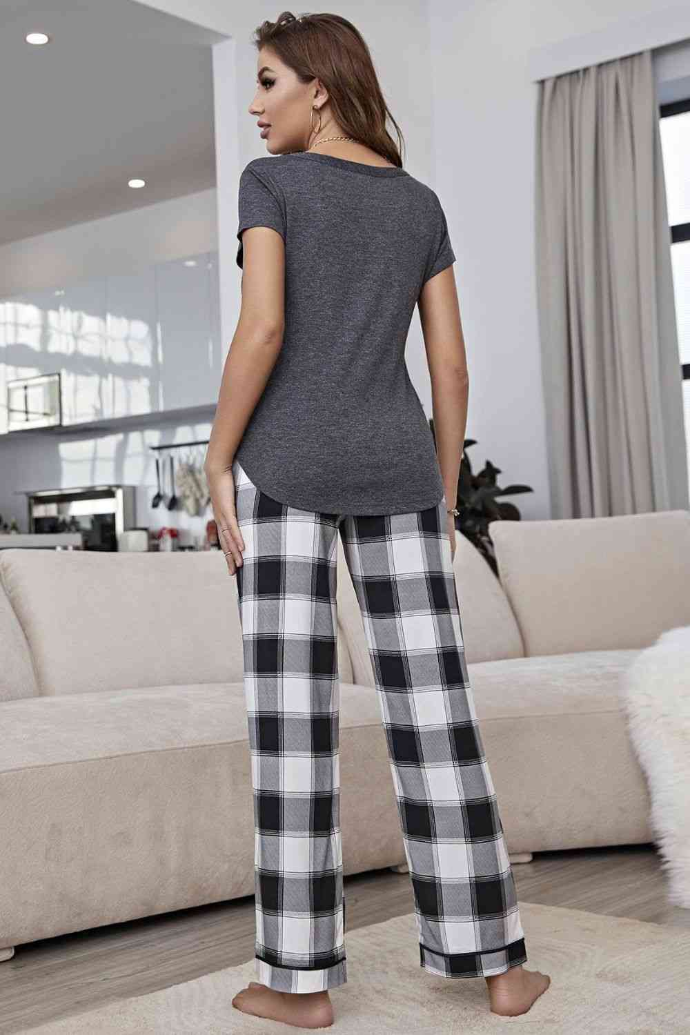 Curved Hem Short Sleeve Top and Plaid Pants Lounge Set | CLOTHING,SHOES & ACCESSORIES | H2J, lounge wear, loungewear, outfit sets, Ship From Overseas | Trendsi