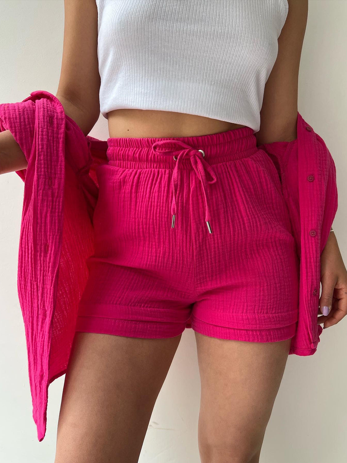 Texture Button Up Shirt and Drawstring Shorts Set - AllIn Computer