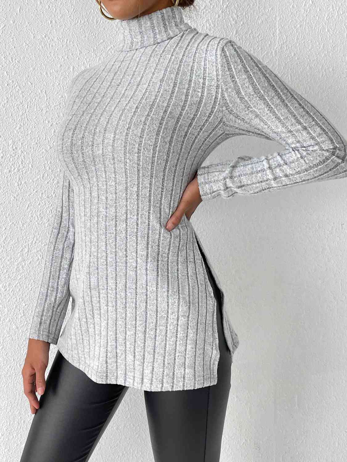 Ribbed Turtleneck Long Sleeve Slit T-Shirt - AllIn Computer