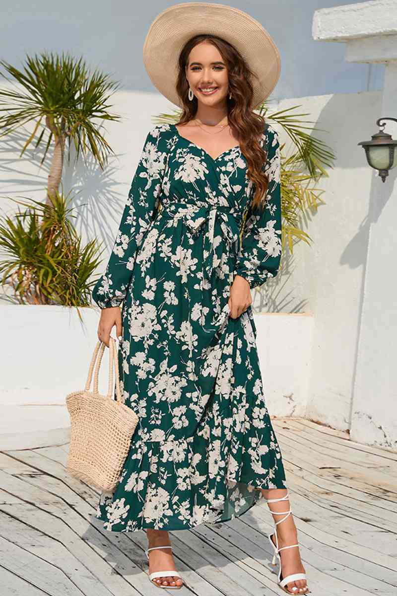 Floral Print V-Neck Long Sleeve Maxi Dress - AllIn Computer