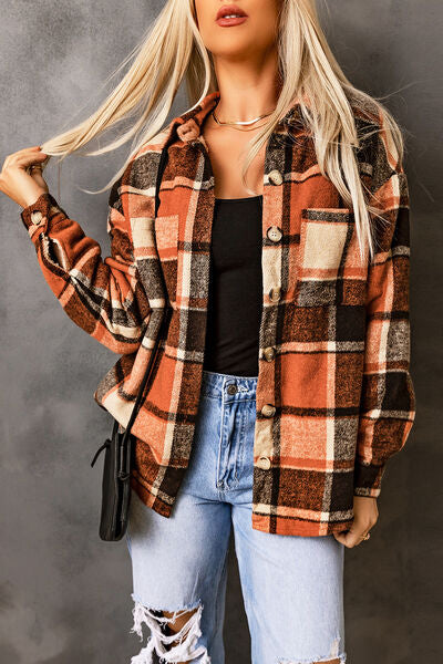 Plaid Pocketed Button Up Jacket - AllIn Computer