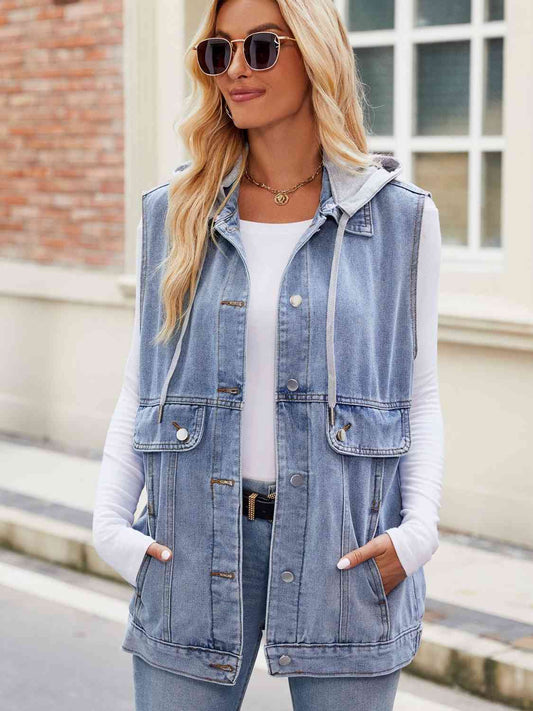 Drawstring Hooded Sleeveless Denim Jacket - AllIn Computer