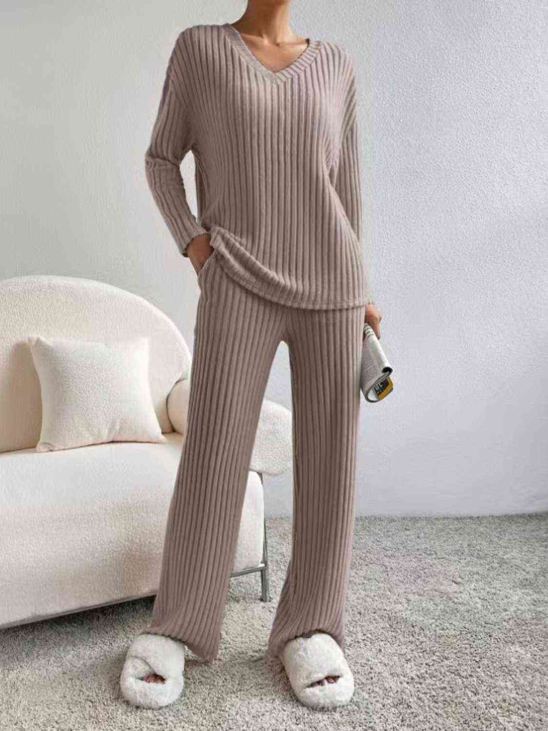 Ribbed V-Neck Long Sleeve Top and Pants Set - AllIn Computer