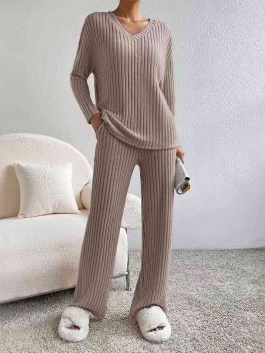 Ribbed V-Neck Long Sleeve Top and Pants Set - AllIn Computer