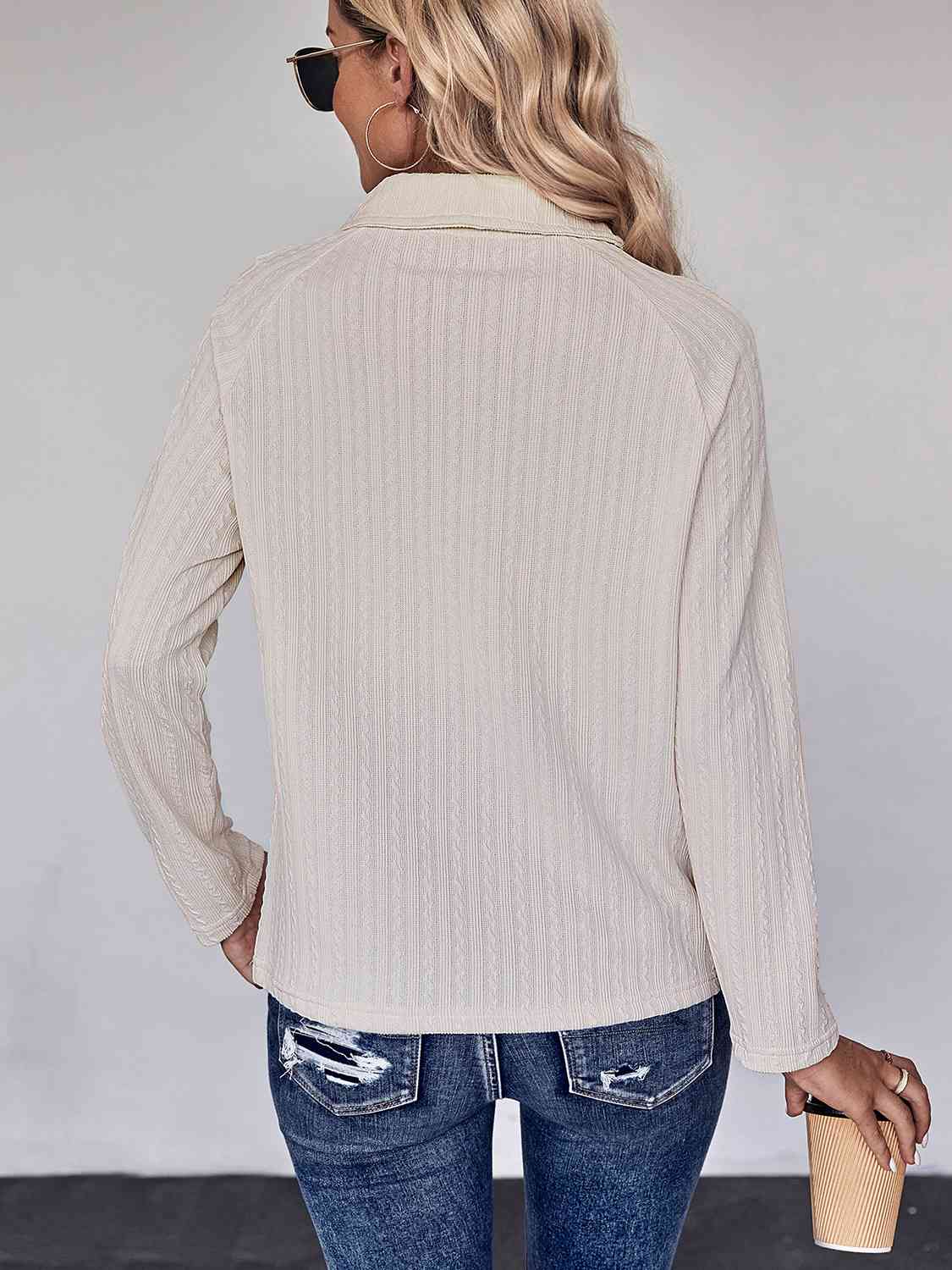 Collared Neck Buttoned Long Sleeve Top - AllIn Computer