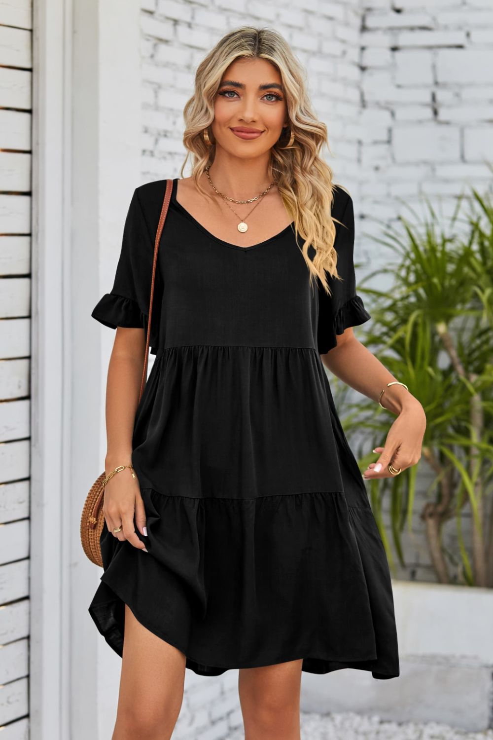 V-Neck Flounce Sleeve Tiered Dress - AllIn Computer