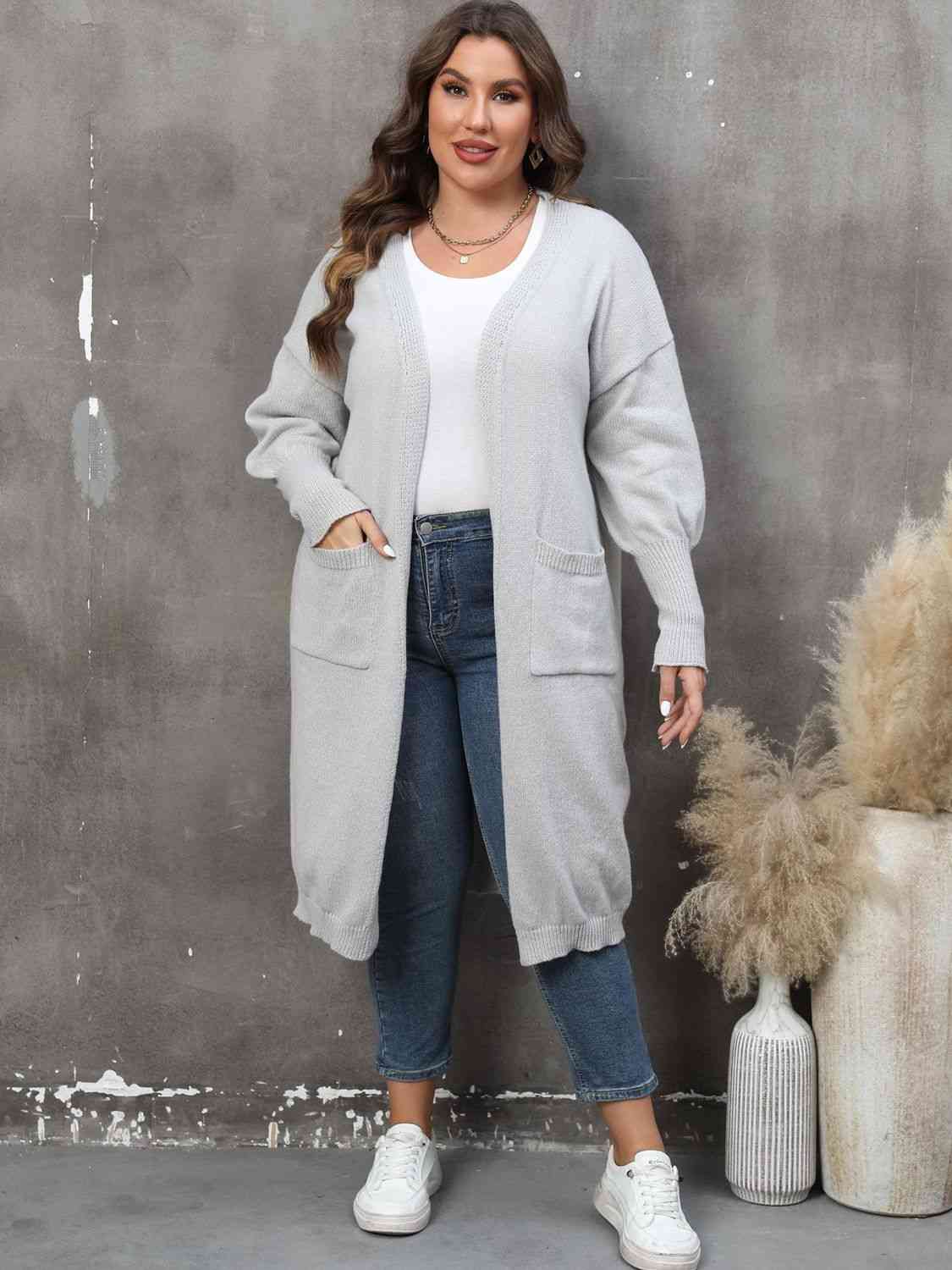 Plus Size Long Sleeve Pocketed Cardigan - AllIn Computer