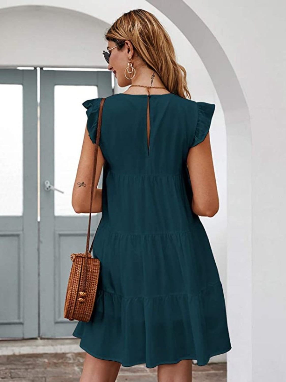 Ruffled Round Neck Cap Sleeve Mini Dress - AllIn Computer