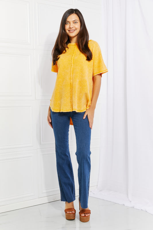 Zenana Start Small Washed Waffle Knit Top in Yellow Gold - AllIn Computer